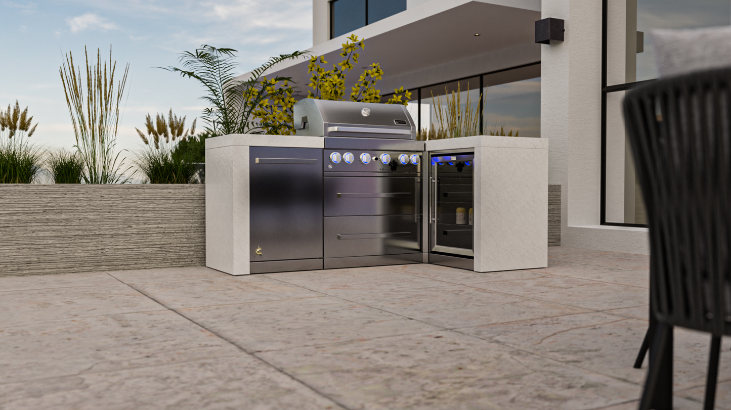 Mont Alpi 4-burner Deluxe Island with a 90-degree corner and a fridge cabinet MAi400-D90FC