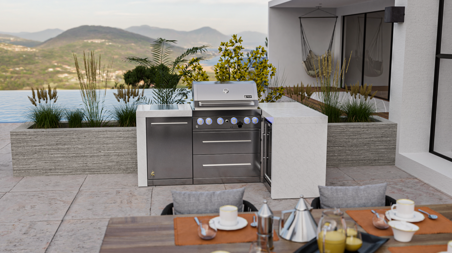Mont Alpi 4-burner Deluxe Island with a 90-degree corner and a fridge cabinet MAi400-D90FC