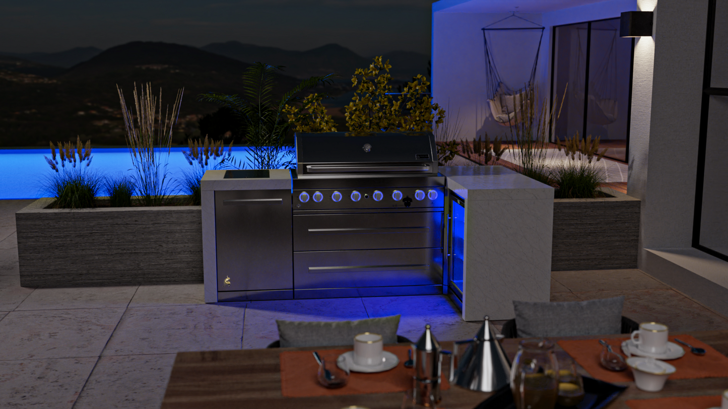 Mont Alpi 6-burner Deluxe Island with a 90-degree corner and a fridge cabinet MAi805-D90FC - 94''