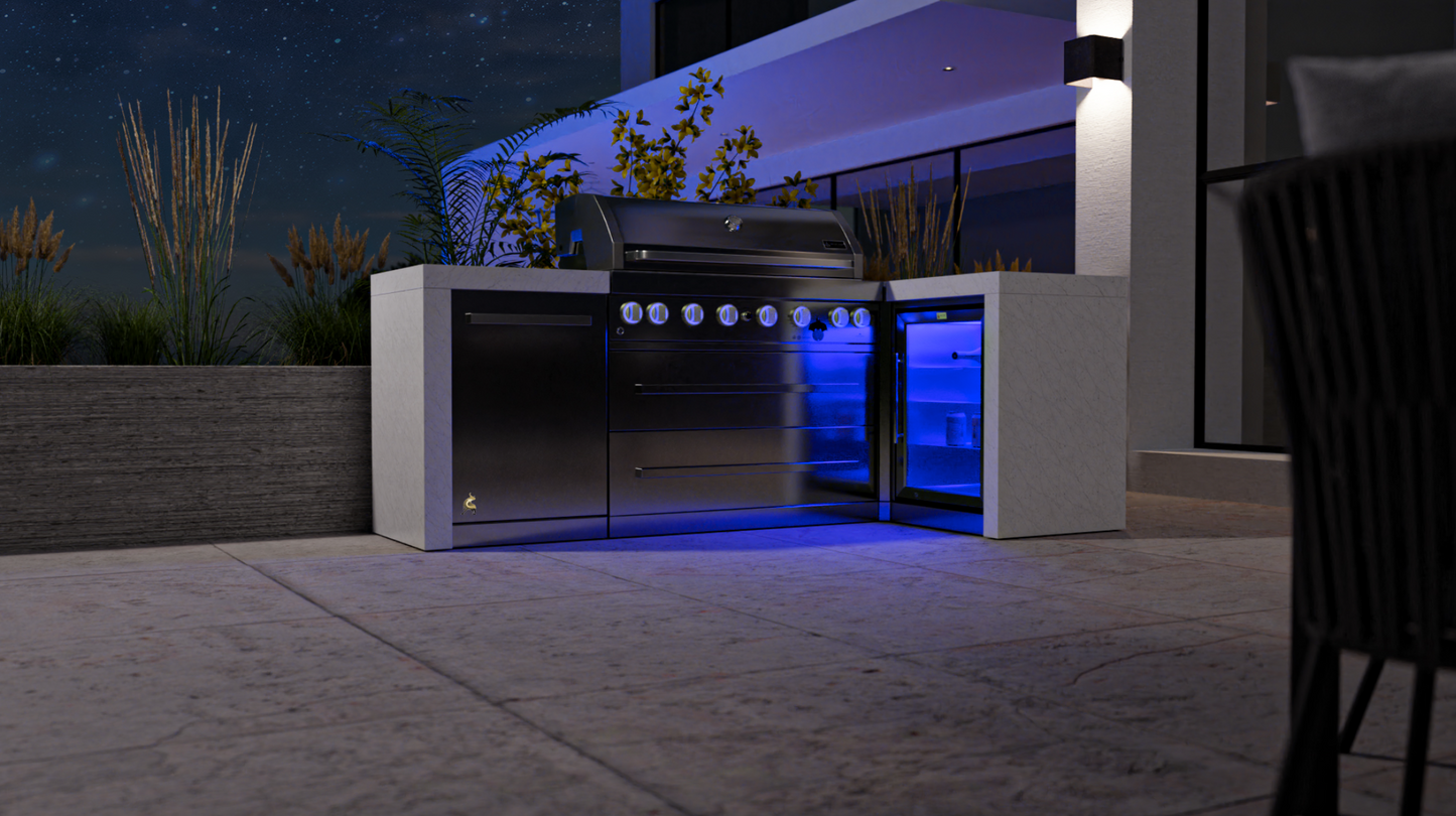 Mont Alpi 6-burner Deluxe Island with a 90-degree corner and a fridge cabinet MAi805-D90FC - 94''