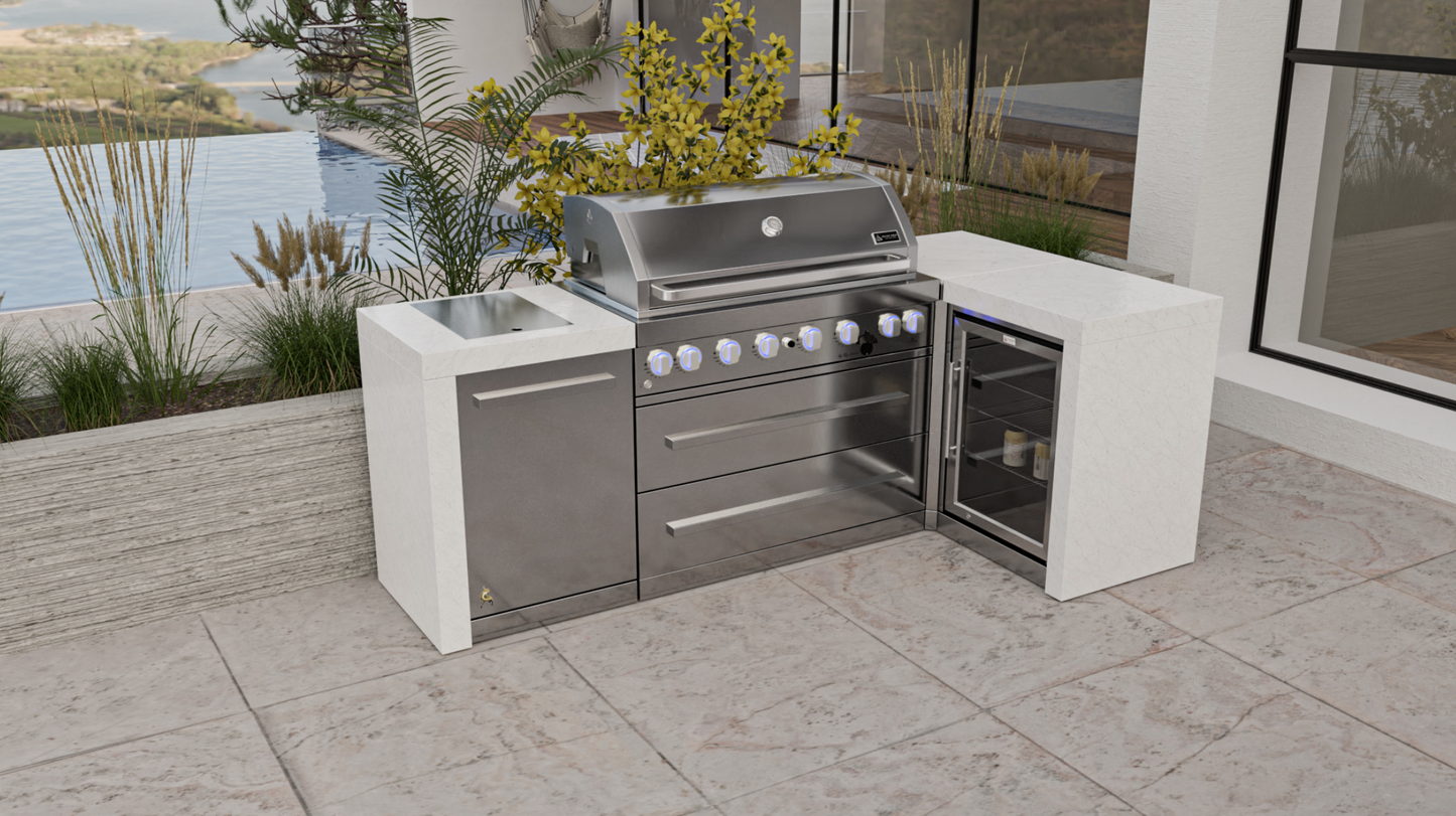 Mont Alpi 6-burner Deluxe Island with a 90-degree corner and a fridge cabinet MAi805-D90FC - 94''