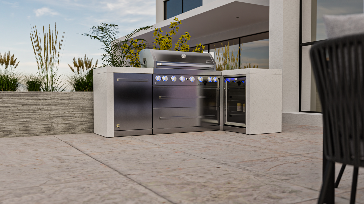 Mont Alpi 6-burner Deluxe Island with a 90-degree corner and a fridge cabinet MAi805-D90FC - 94''