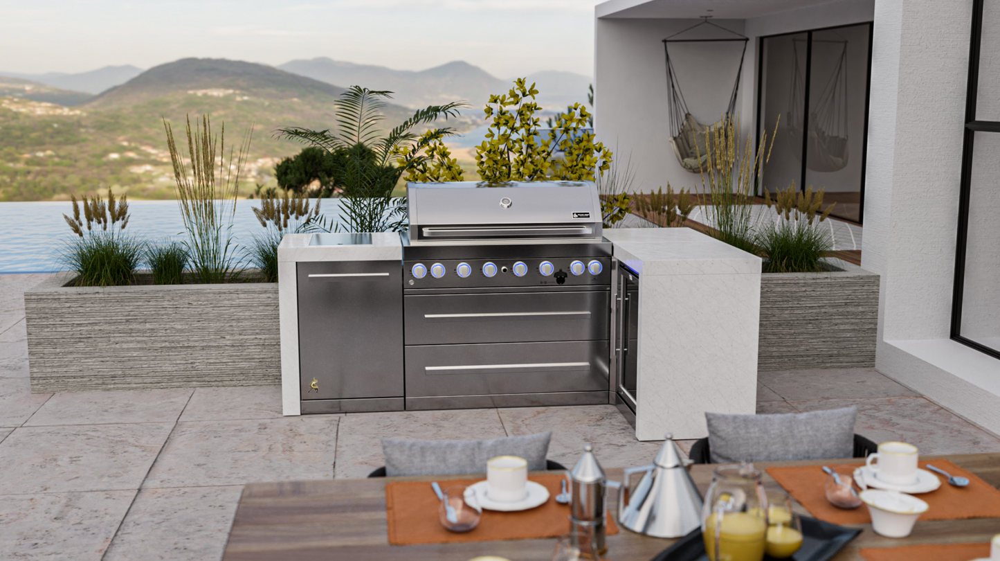 Mont Alpi 6-burner Deluxe Island with a 90-degree corner and a fridge cabinet MAi805-D90FC - 94''