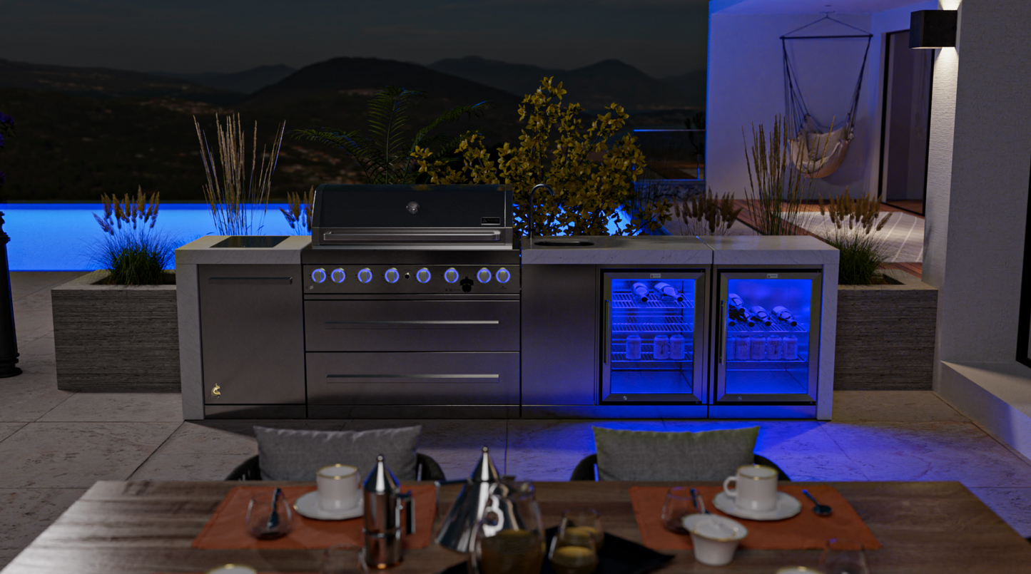 Mont Alpi 6-burner Deluxe Island with a Beverage Center And Fridge Cabinet MAi805-DBEVFC 132''