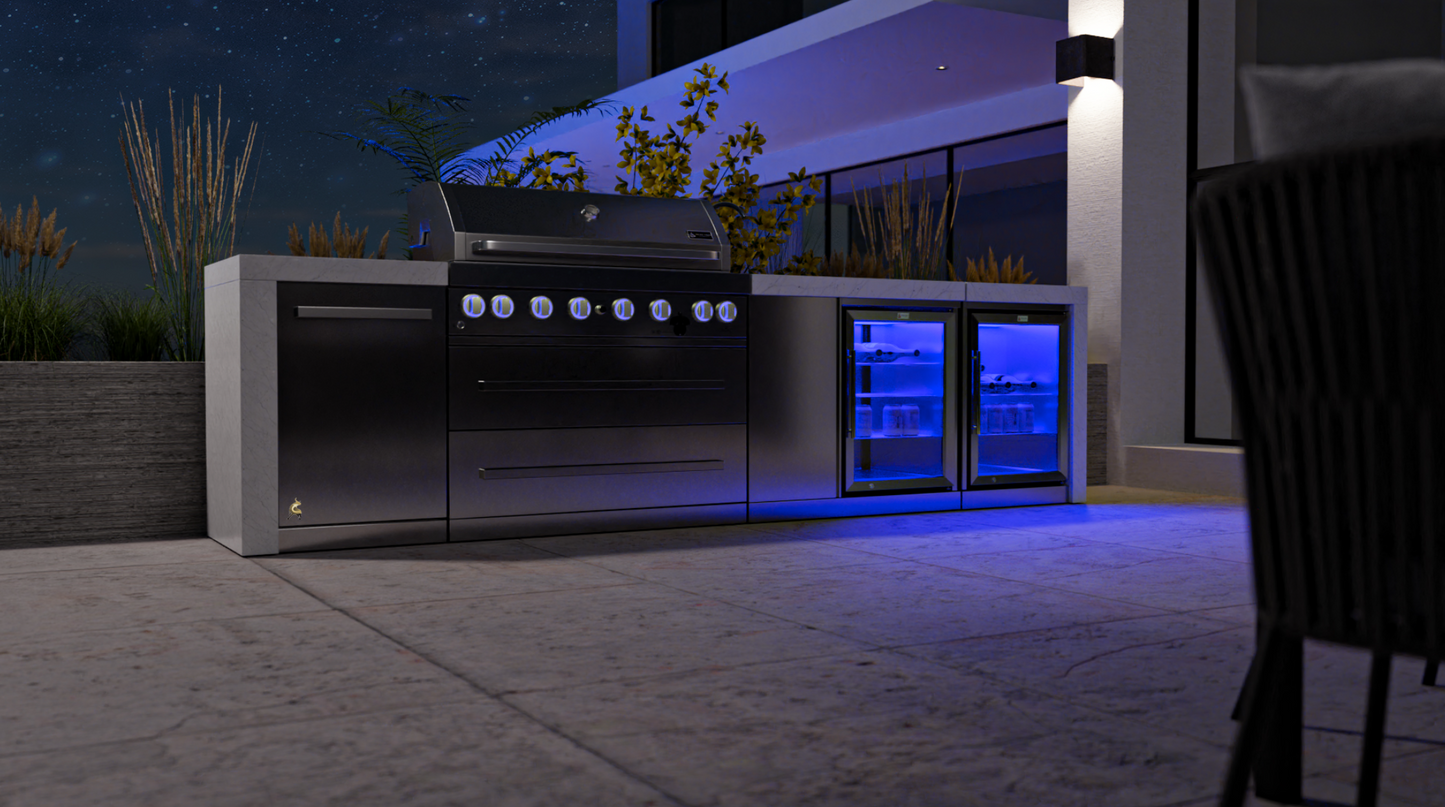 Mont Alpi 6-burner Deluxe Island with a Beverage Center And Fridge Cabinet MAi805-DBEVFC 132''