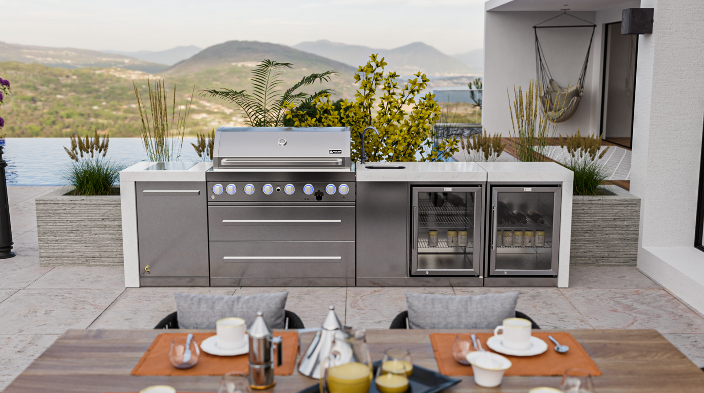 Mont Alpi 6-burner Deluxe Island with a Beverage Center And Fridge Cabinet MAi805-DBEVFC 132''