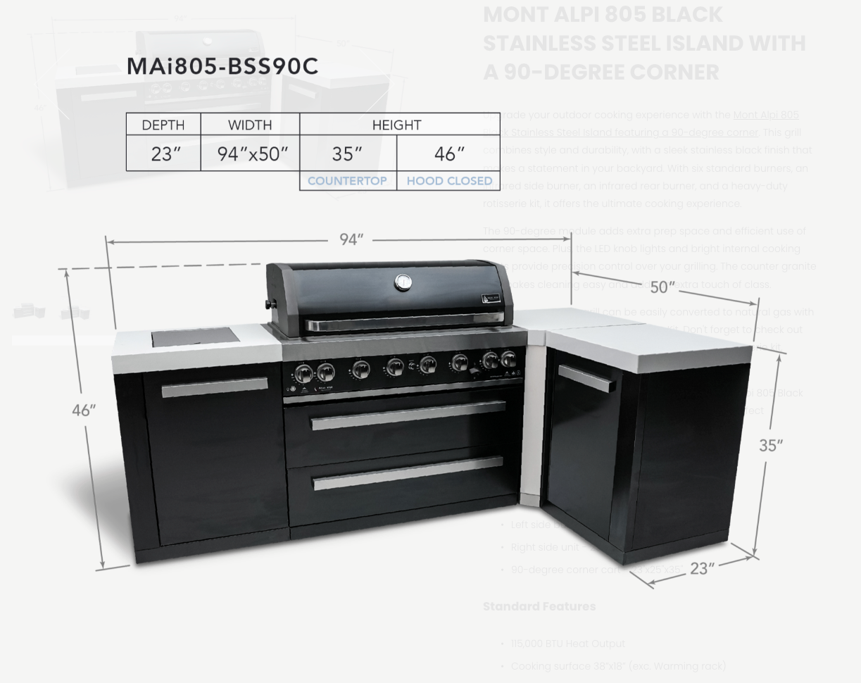 Mont Alpi 805 Black Stainless Steel Island featuring a 90-degree corner MAi805-BSS90C - 94''