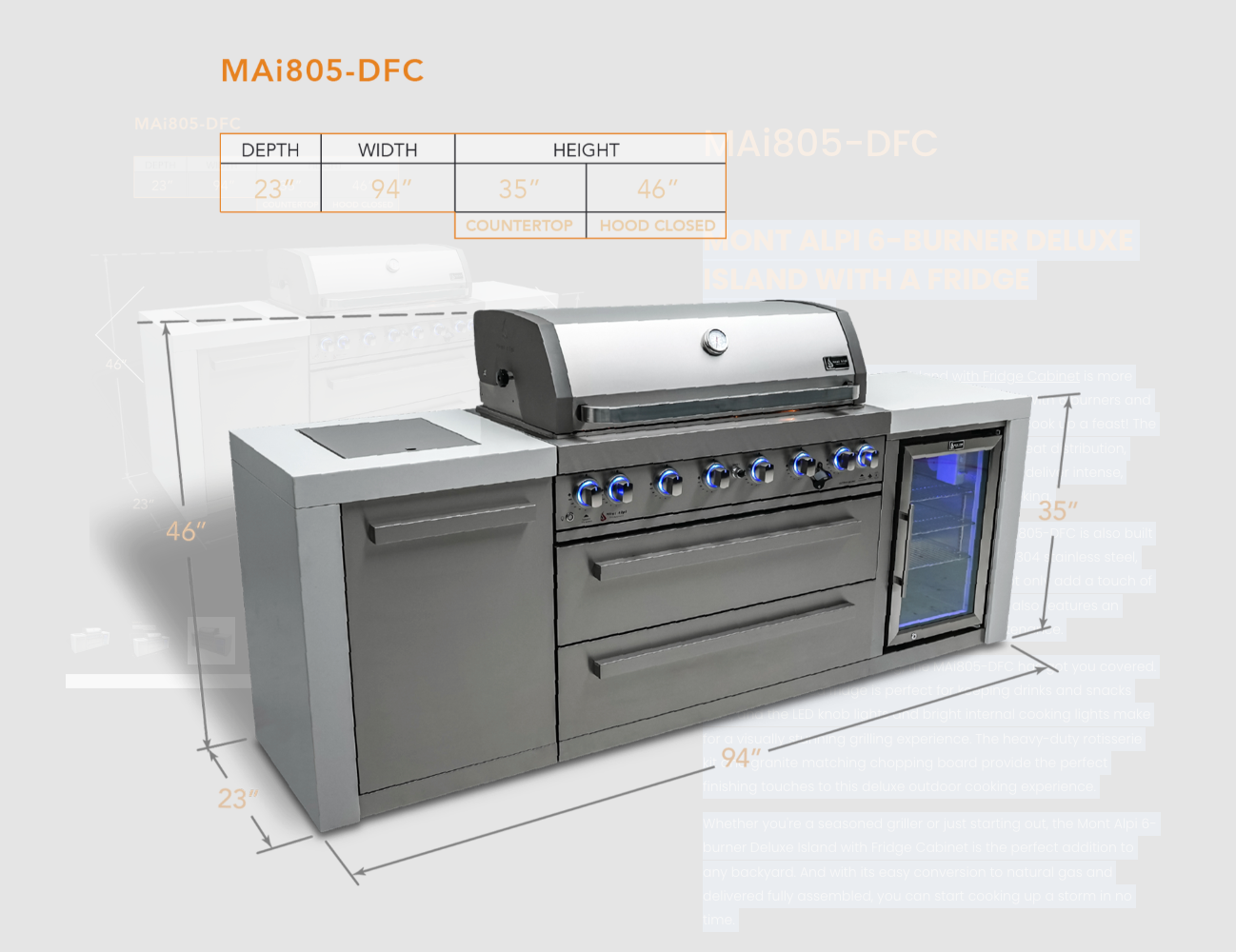 Mont Alpi 6-burner Deluxe Island with Fridge Cabinet MAI805-DFC - 94''