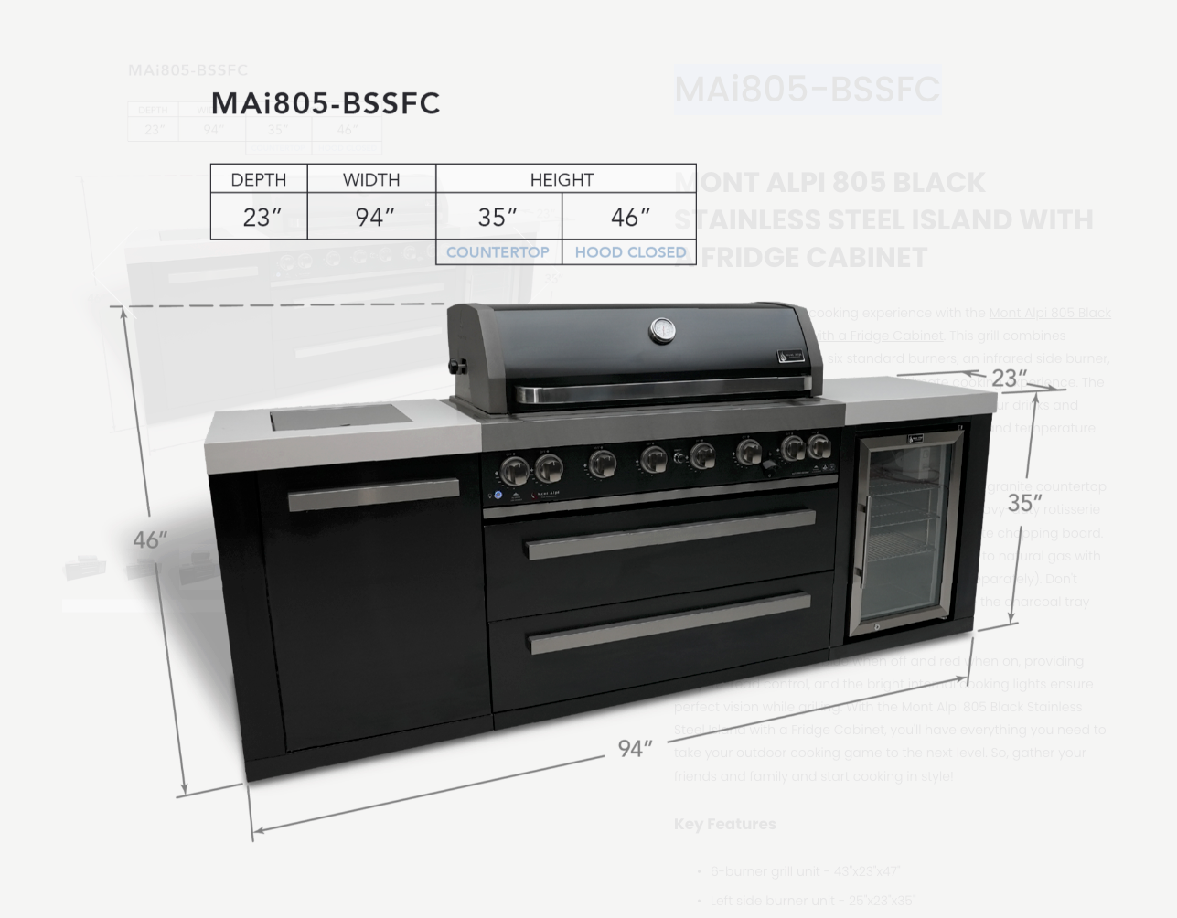 Mont Alpi 805 Black Stainless Steel Island with a Fridge Cabinet MAi805-BSSFC 94''