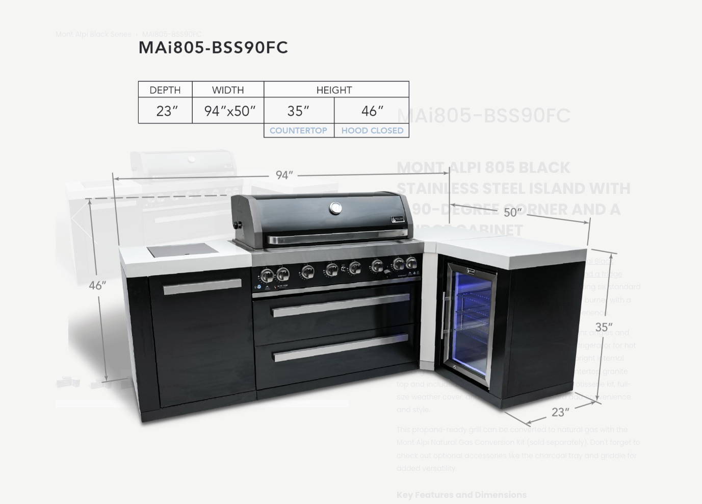 Mont Alpi 805 Black Stainless Steel Island with 90 Degree Corner and Fridge Cabinet - MAi805-BSS90FC - 94"