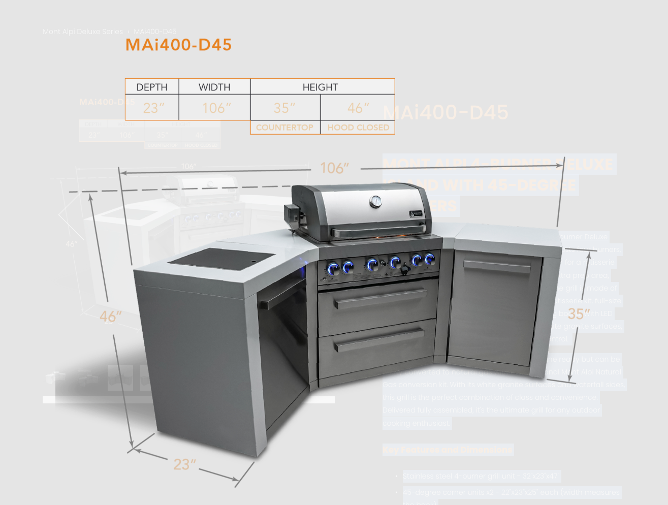 Mont Alpi 4-burner Deluxe Island with 45-degree corners MAi400-D45 - 106''