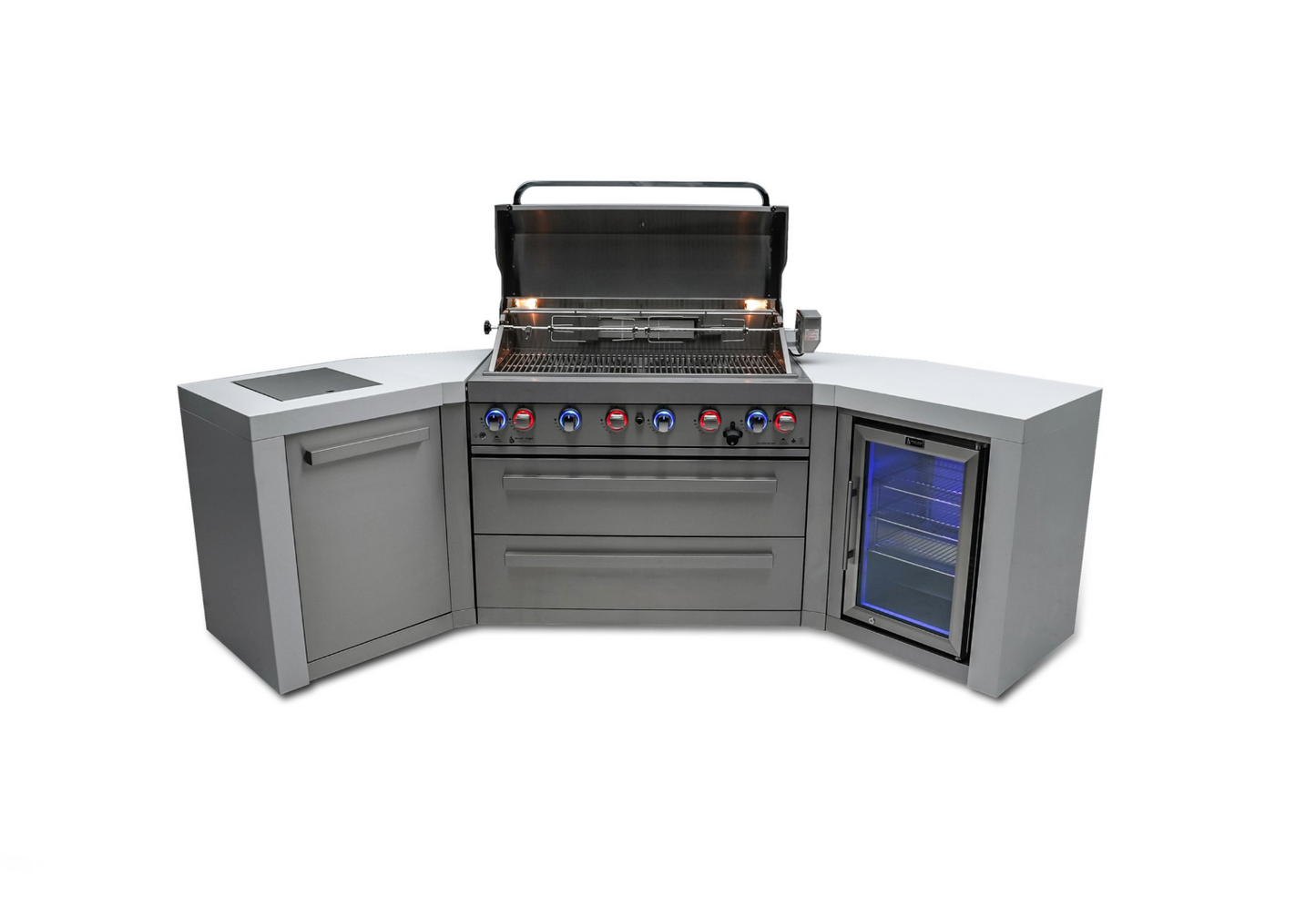Mont Alpi 6-burner Deluxe Island with 45-Degree Corners and a Fridge Cabinet MAi805-D45FC 110''