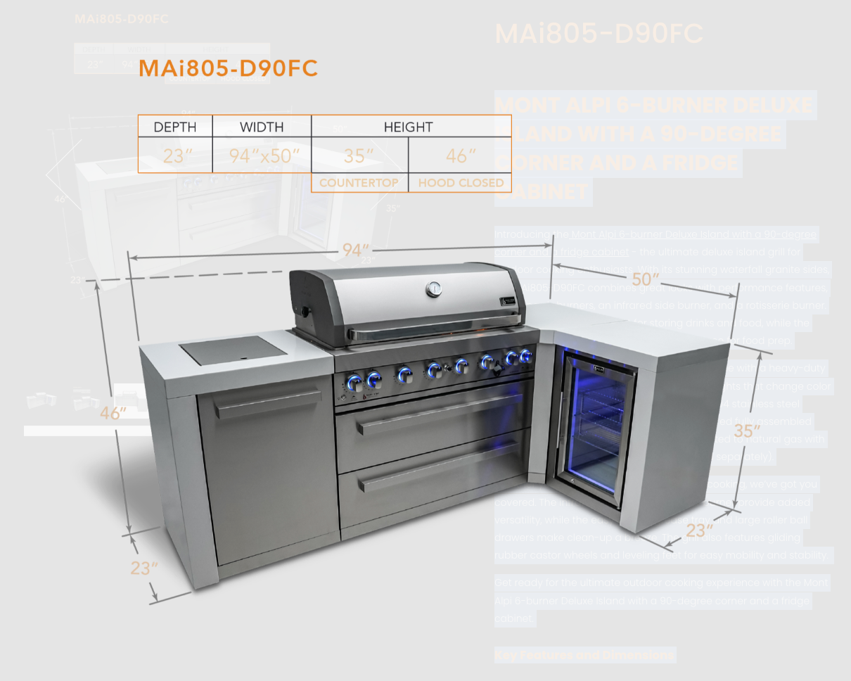Mont Alpi 6-burner Deluxe Island with a 90-degree corner and a fridge cabinet MAi805-D90FC - 94''