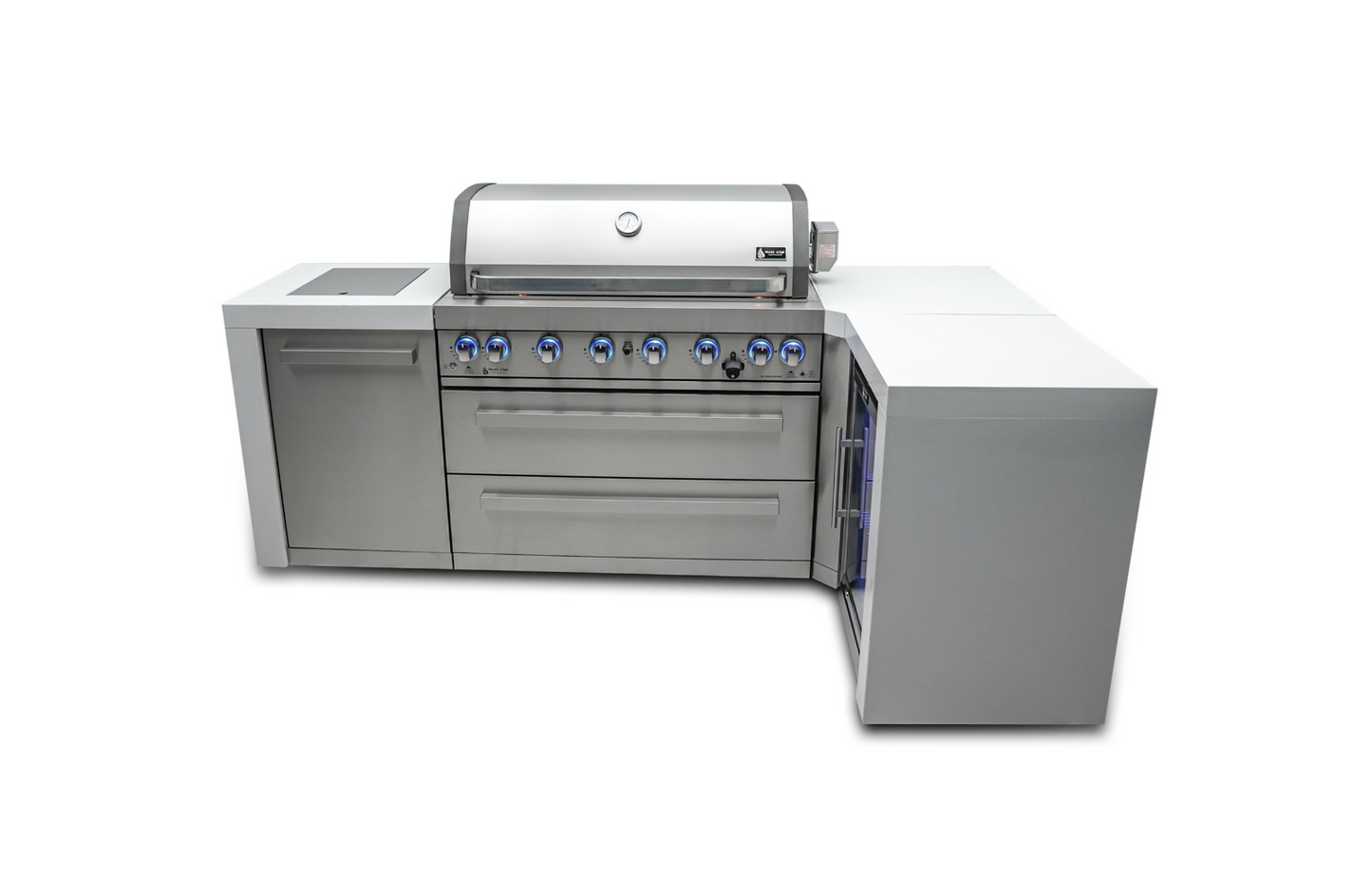 Mont Alpi 6-burner Deluxe Island with a 90-degree corner and a fridge cabinet MAi805-D90FC - 94''