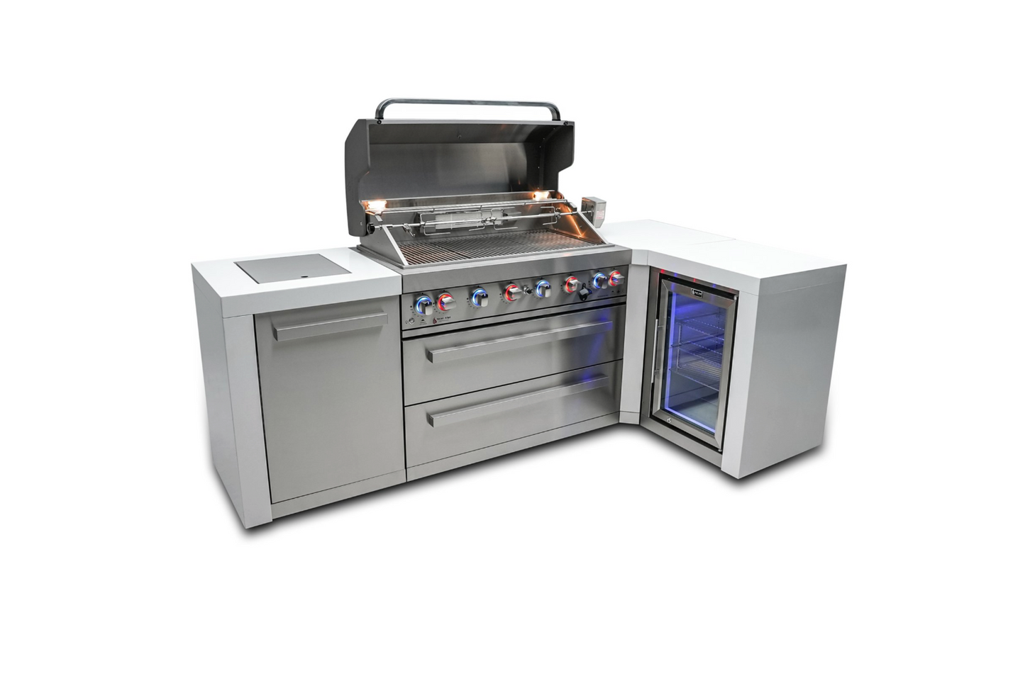 Mont Alpi 6-burner Deluxe Island with a 90-degree corner and a fridge cabinet MAi805-D90FC - 94''