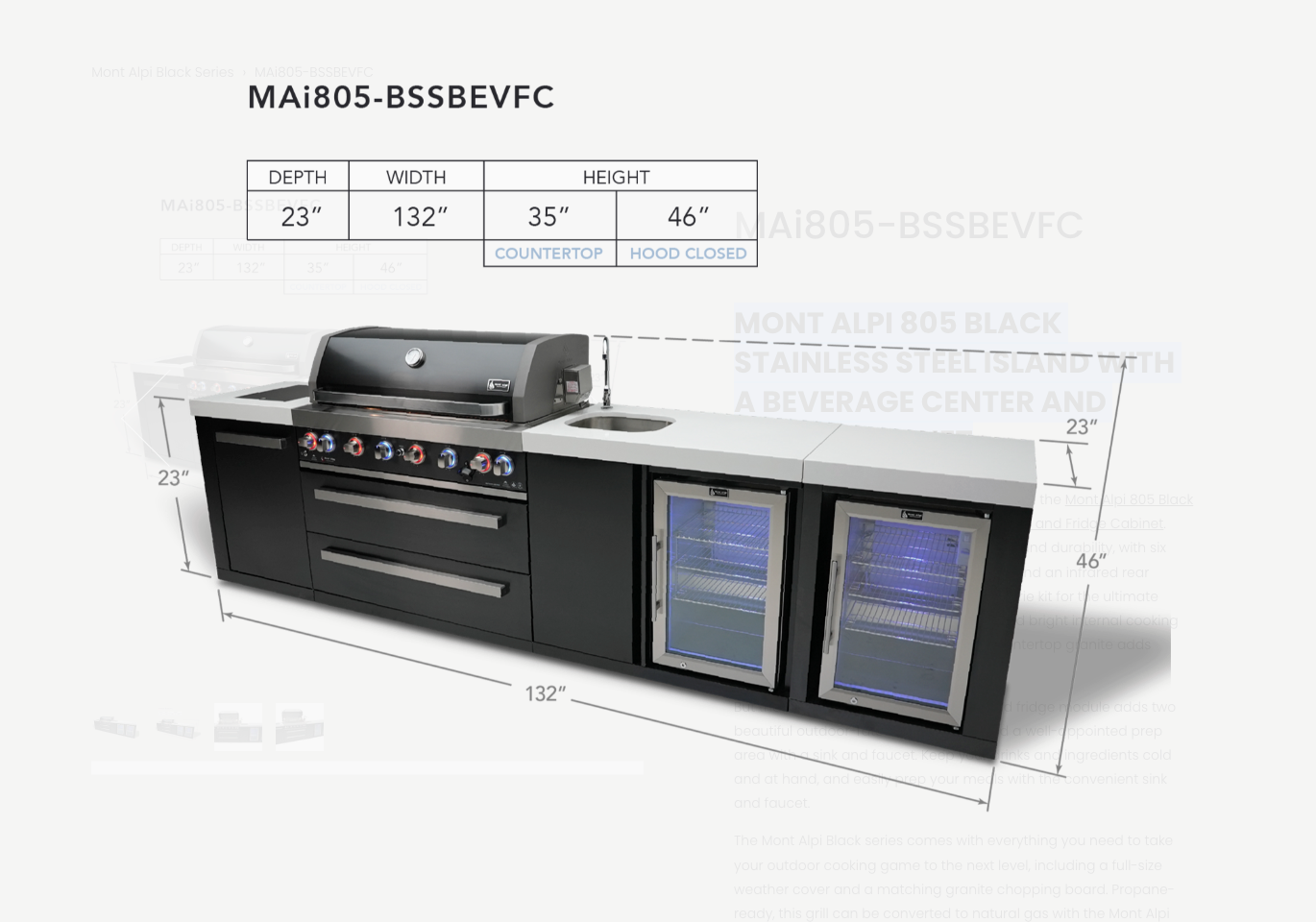 Mont Alpi 805 Black Stainless Steel Island with a Beverage Center and Fridge Cabinet MAi805-BSSBEVFC1 32''