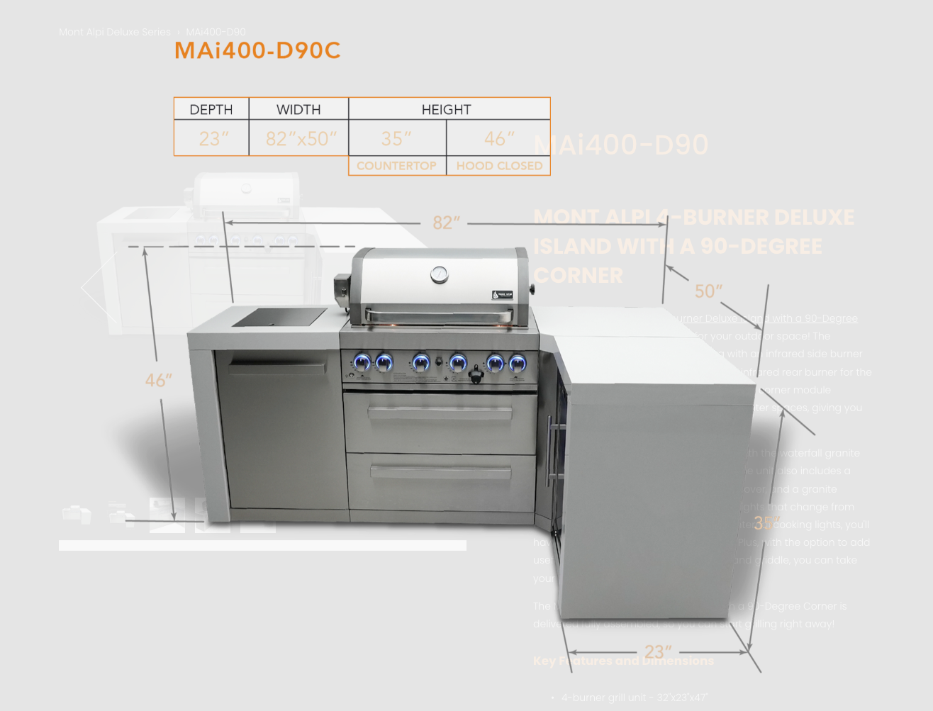 Mont Alpi 4-burner Deluxe Island with a 90-Degree Corner MAi400-D90 - 82''
