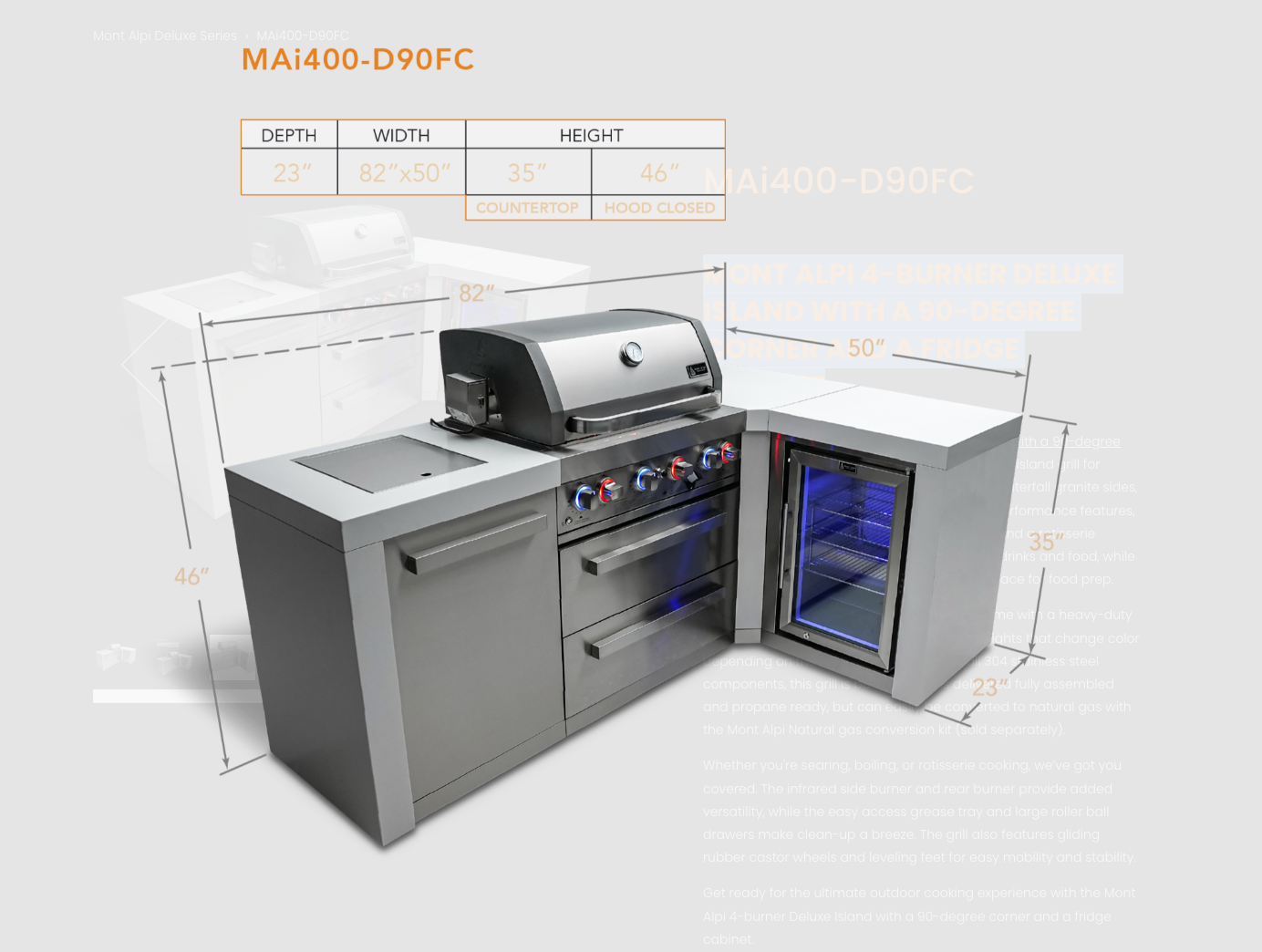 Mont Alpi 4-burner Deluxe Island with a 90-degree corner and a fridge cabinet MAi400-D90FC