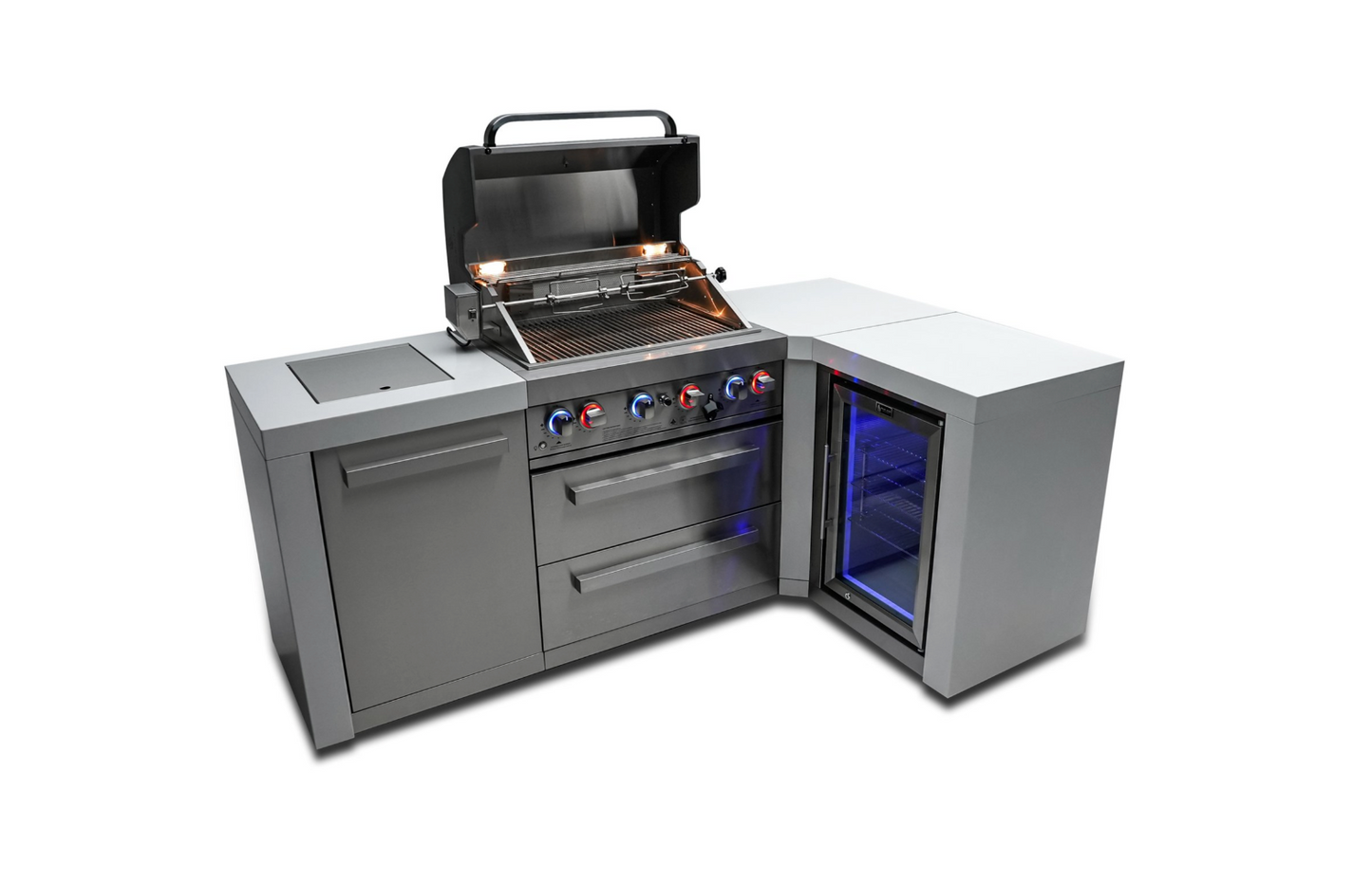 Mont Alpi 4-burner Deluxe Island with a 90-degree corner and a fridge cabinet MAi400-D90FC