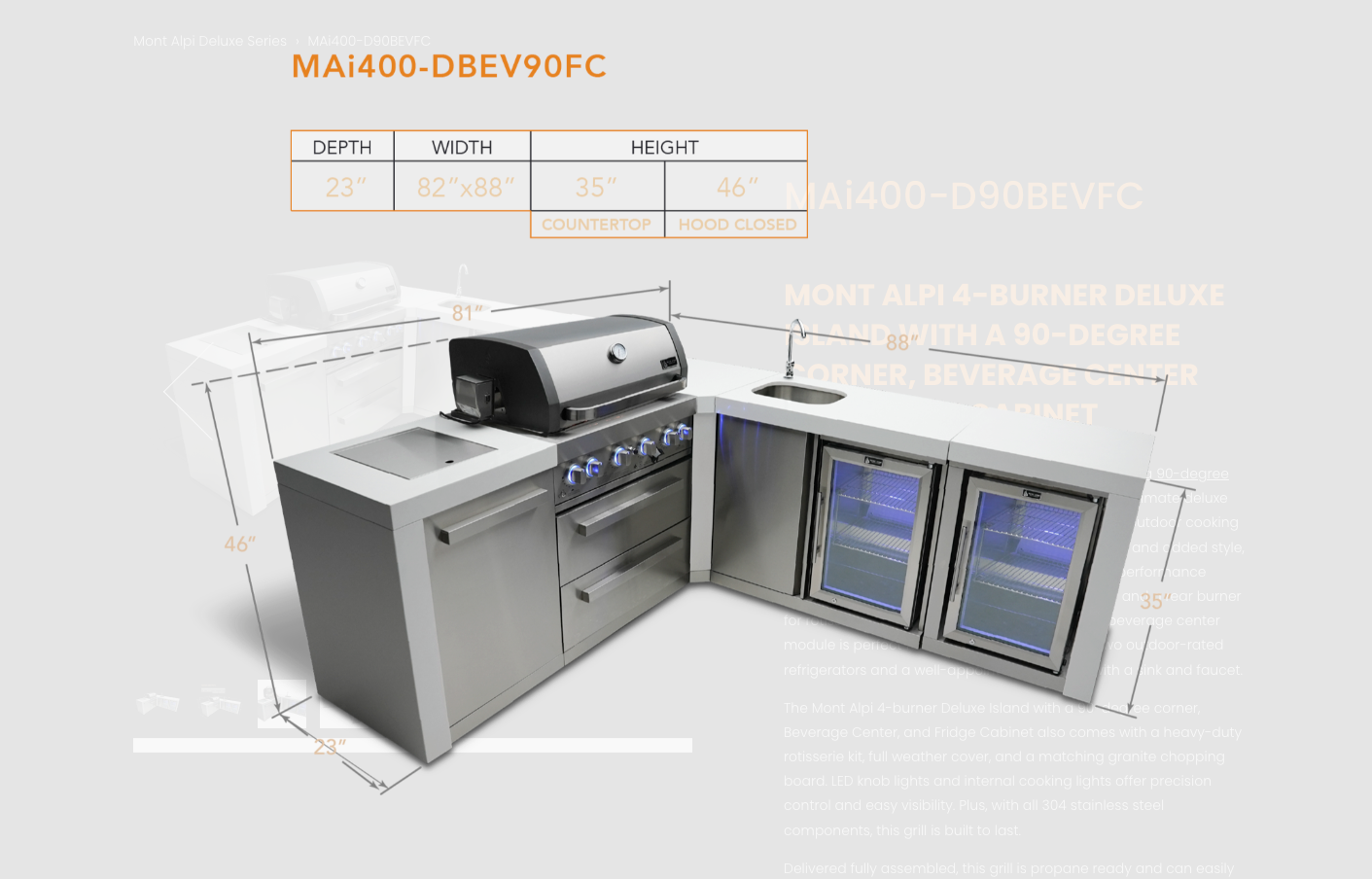 Mont Alpi 4-burner Deluxe Island with a 90-degree corner, Beverage Center, and Fridge Cabinet MAi400-DBEV90FC - 81''-88''