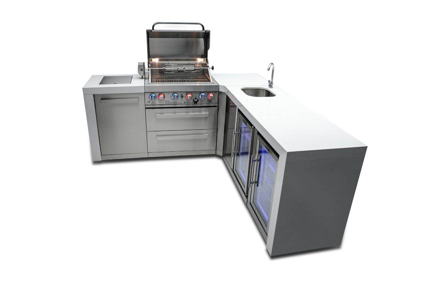 Mont Alpi 4-burner Deluxe Island with a 90-degree corner, Beverage Center, and Fridge Cabinet MAi400-DBEV90FC - 81''-88''