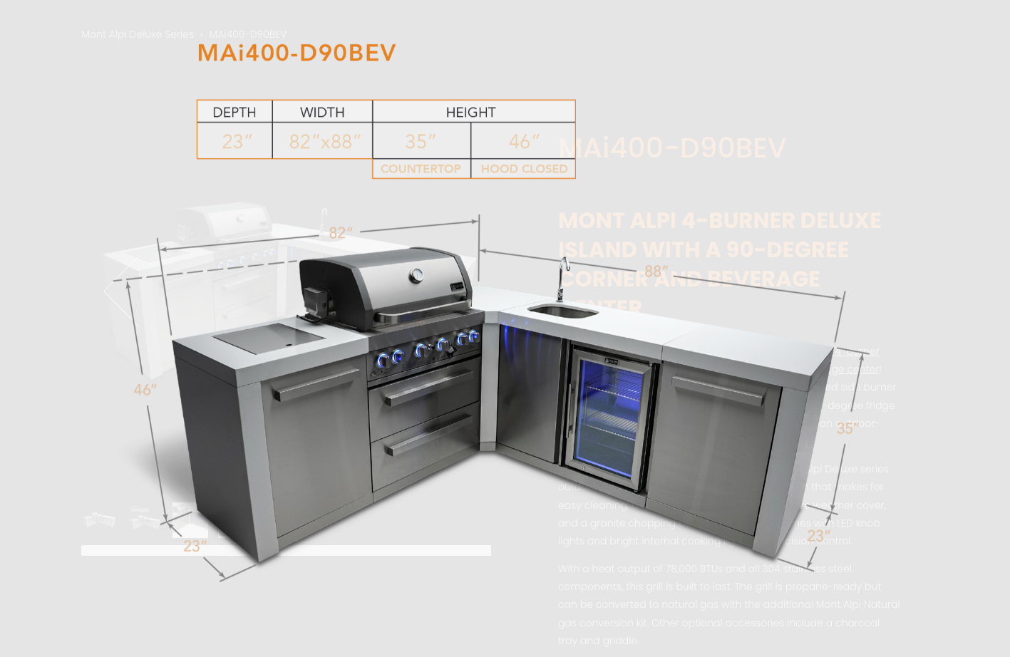 Mont Alpi 4-burner Deluxe Island featuring a 90-degree corner and beverage center MAi400-D90BEV - 82''-88''