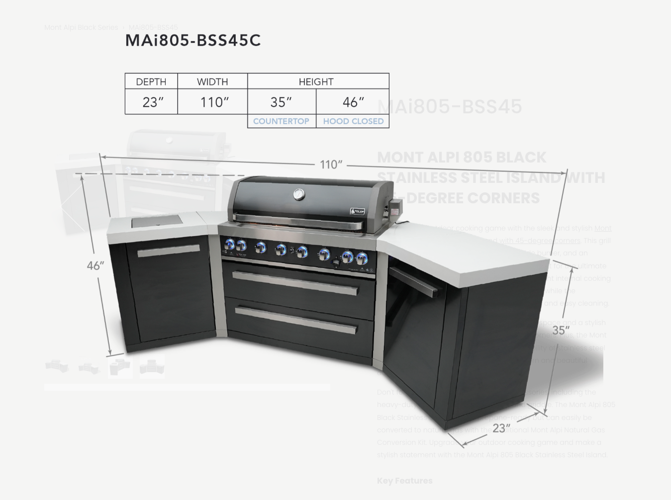 Mont Alpi 805 Black 6-burner Island with 45-Degree Corners MAi805-BSS45 - 110"