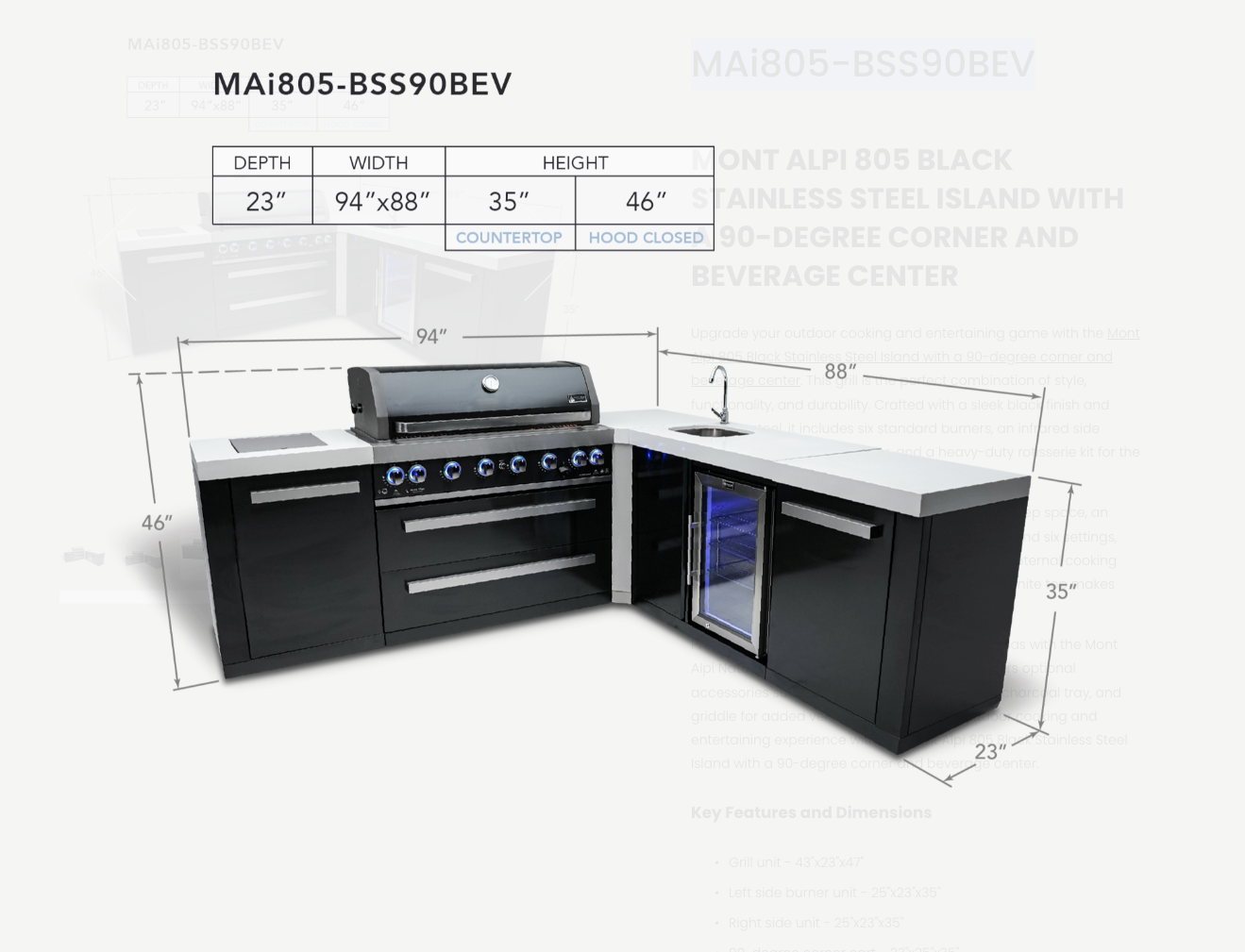 Mont Alpi 805 Black Stainless Steel Island with a 90-degree corner and beverage Center MAi805-BSS90BEV