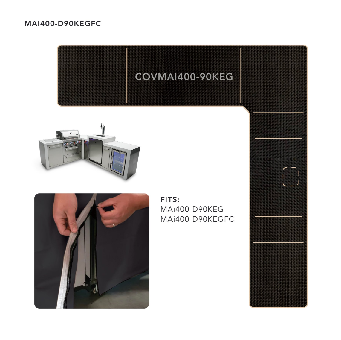 COVER FOR 400 ISLAND WITH A 90 DEGREE CORNER AND KEGERATOR - COVMAi400-90KEG