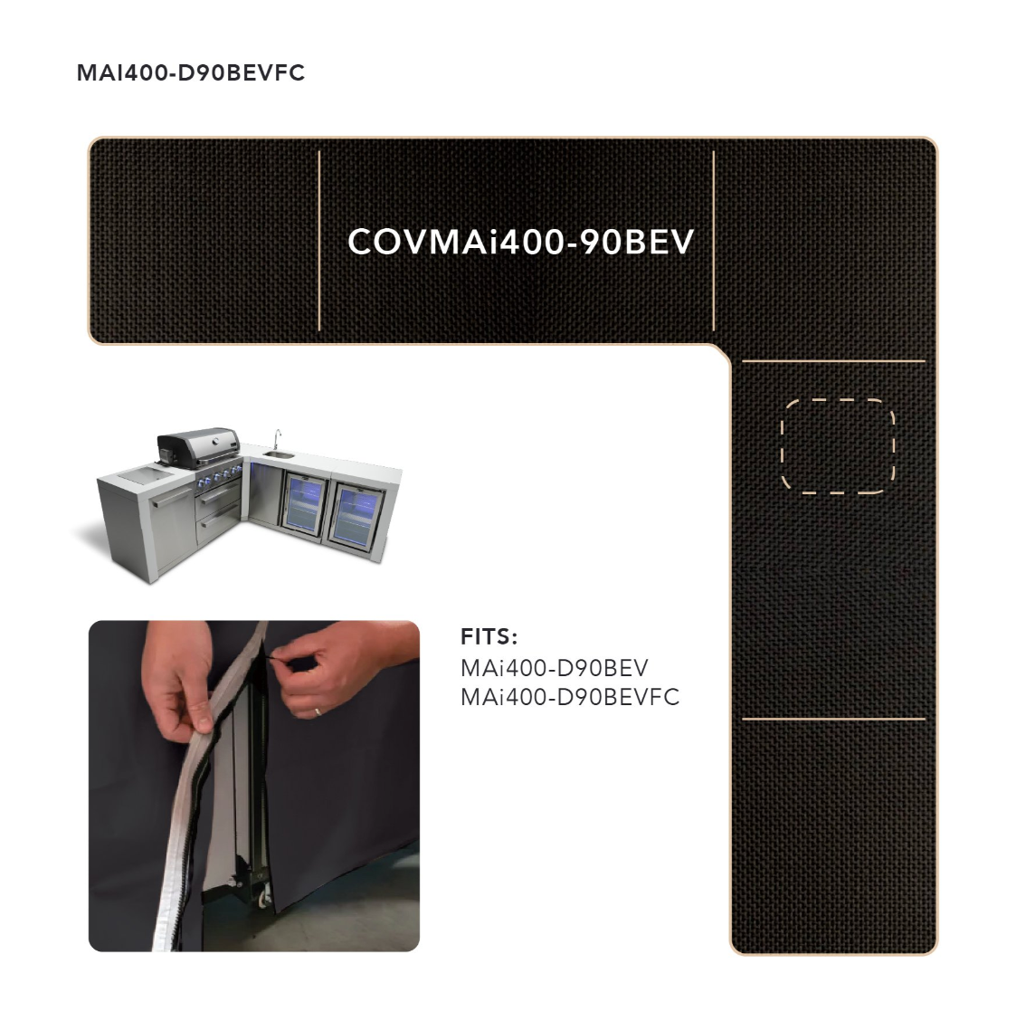 COVER FOR 400 ISLAND WITH A 90 DEGREE CORNER AND BEVERAGE CENTER - COVMAi400-90BEV