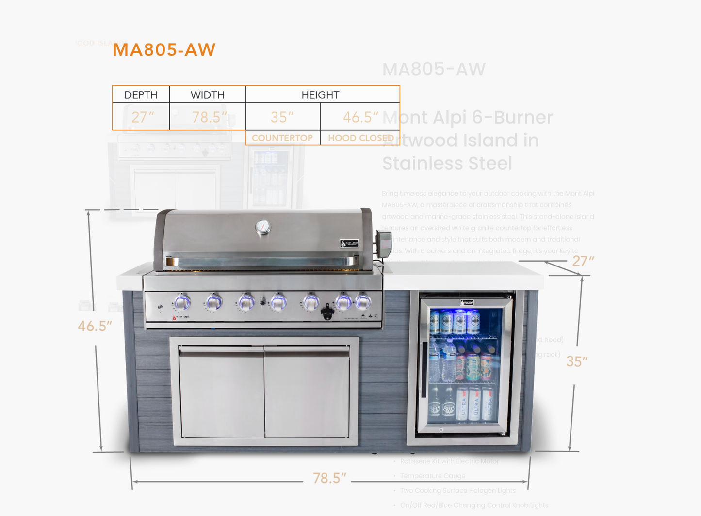 Mont Alpi 6-Burner Artwood Island in Stainless Steel-MA805-AW
