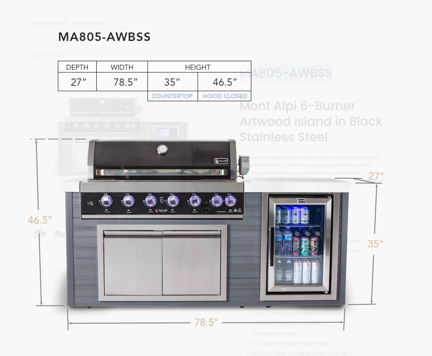 Mont Alpi 6-Burner Artwood Island in Black Stainless Steel -MA805-AWBSS