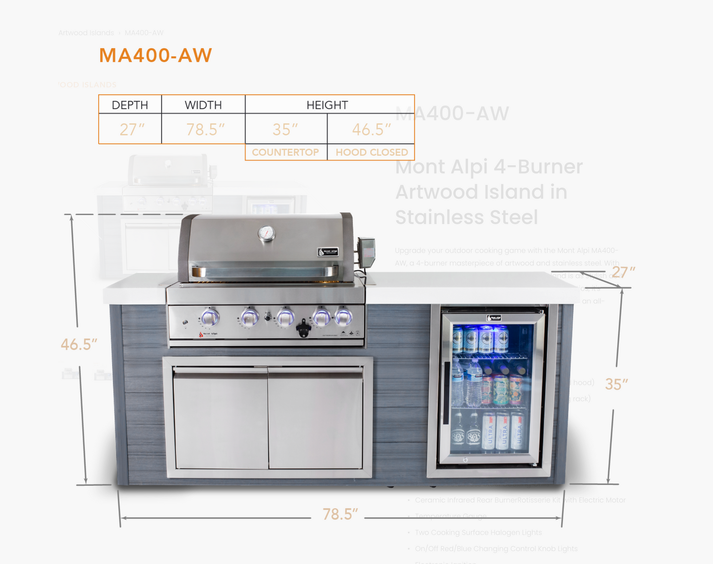 Mont Alpi 4-Burner Artwood Island in Stainless Steel - MA400-AW