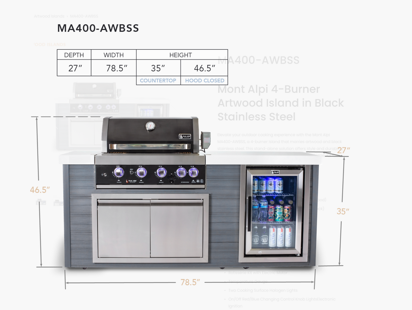 Mont Alpi 4-Burner Artwood Island in Black Stainless Steel - MA400-AWBSS