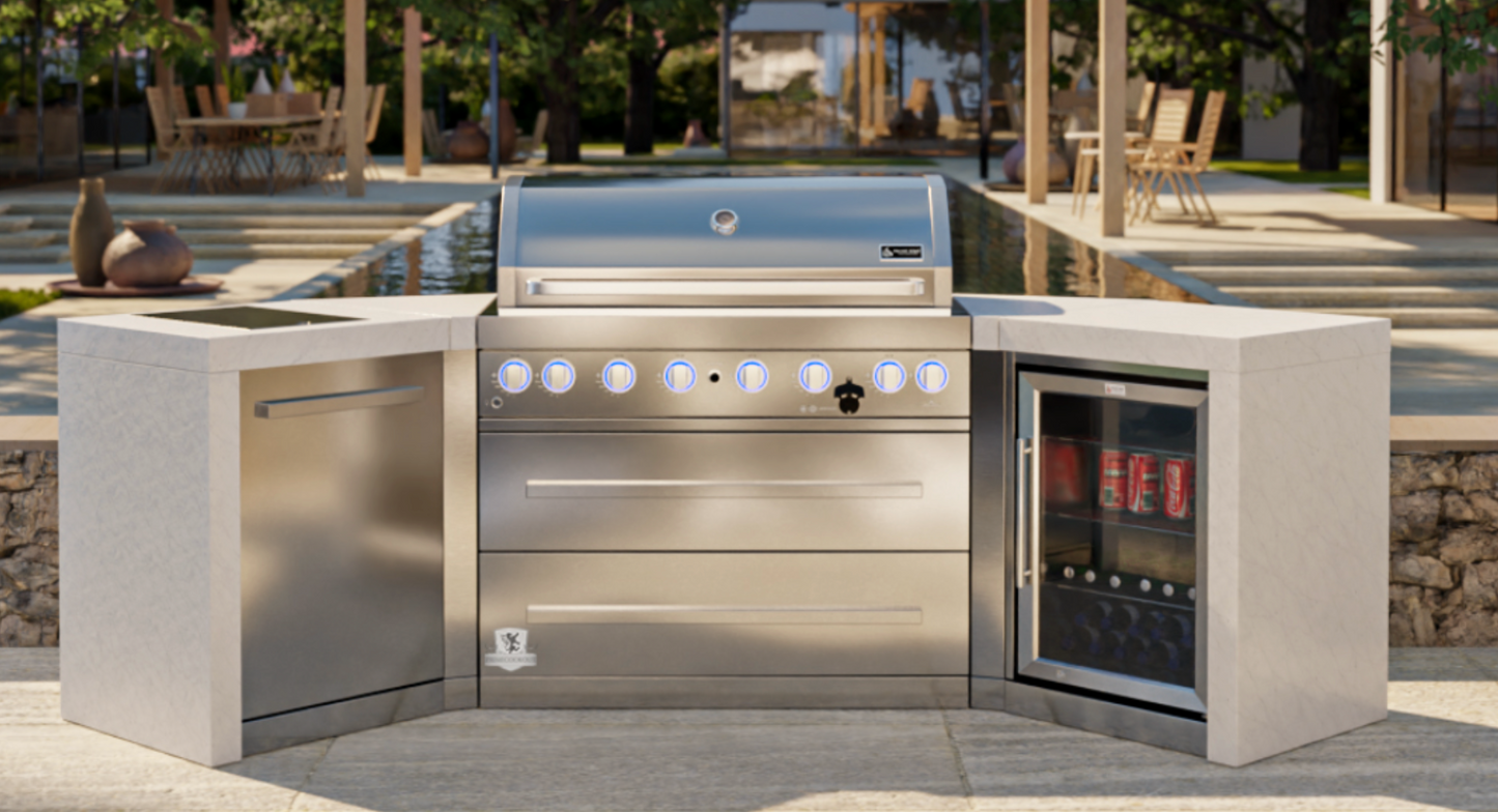 Mont Alpi 6-burner Deluxe Island with 45-Degree Corners and a Fridge Cabinet MAi805-D45FC 110''