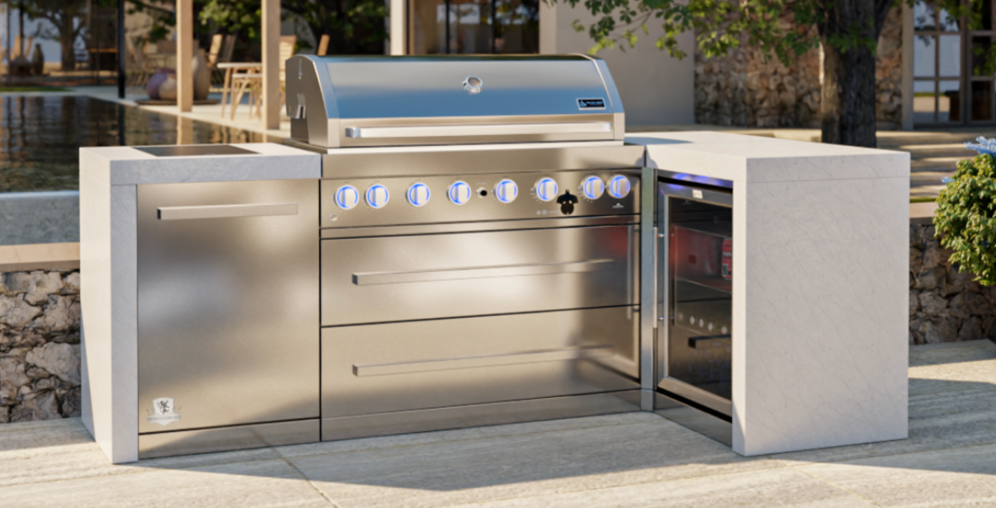 Mont Alpi 6-burner Deluxe Island with a 90-degree corner and a fridge cabinet MAi805-D90FC - 94''