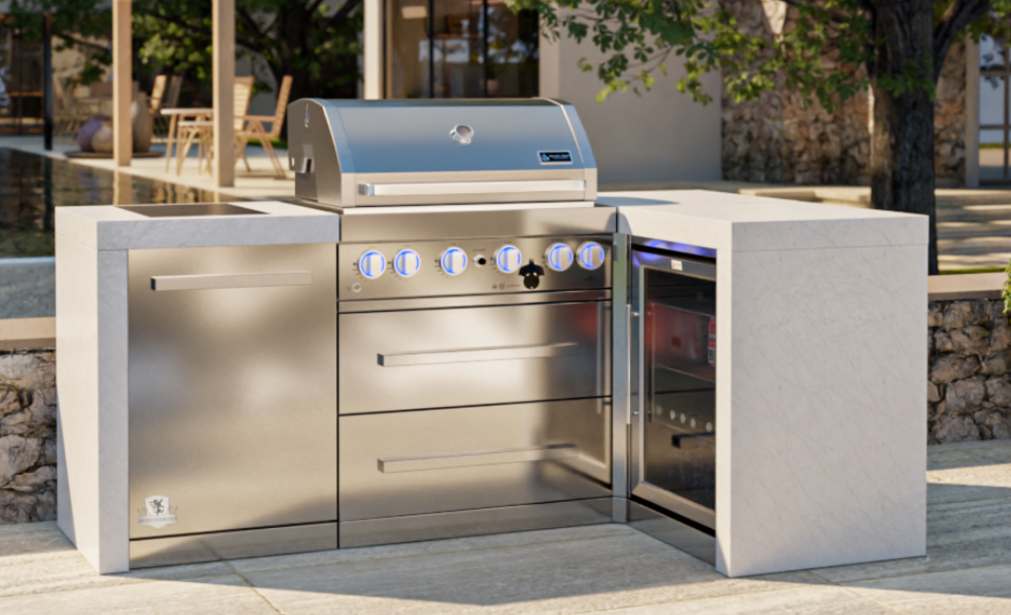 Mont Alpi 4-burner Deluxe Island with a 90-degree corner and a fridge cabinet MAi400-D90FC