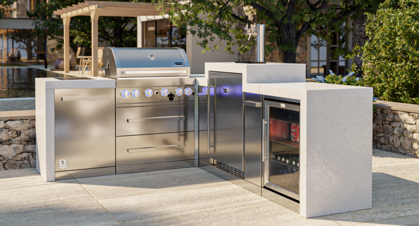 Mont Alpi 400 Deluxe BBQ Grill Island with 90 Degree Corner, Kegerator & Fridge Cabinet - MAi400-D90KEGFC