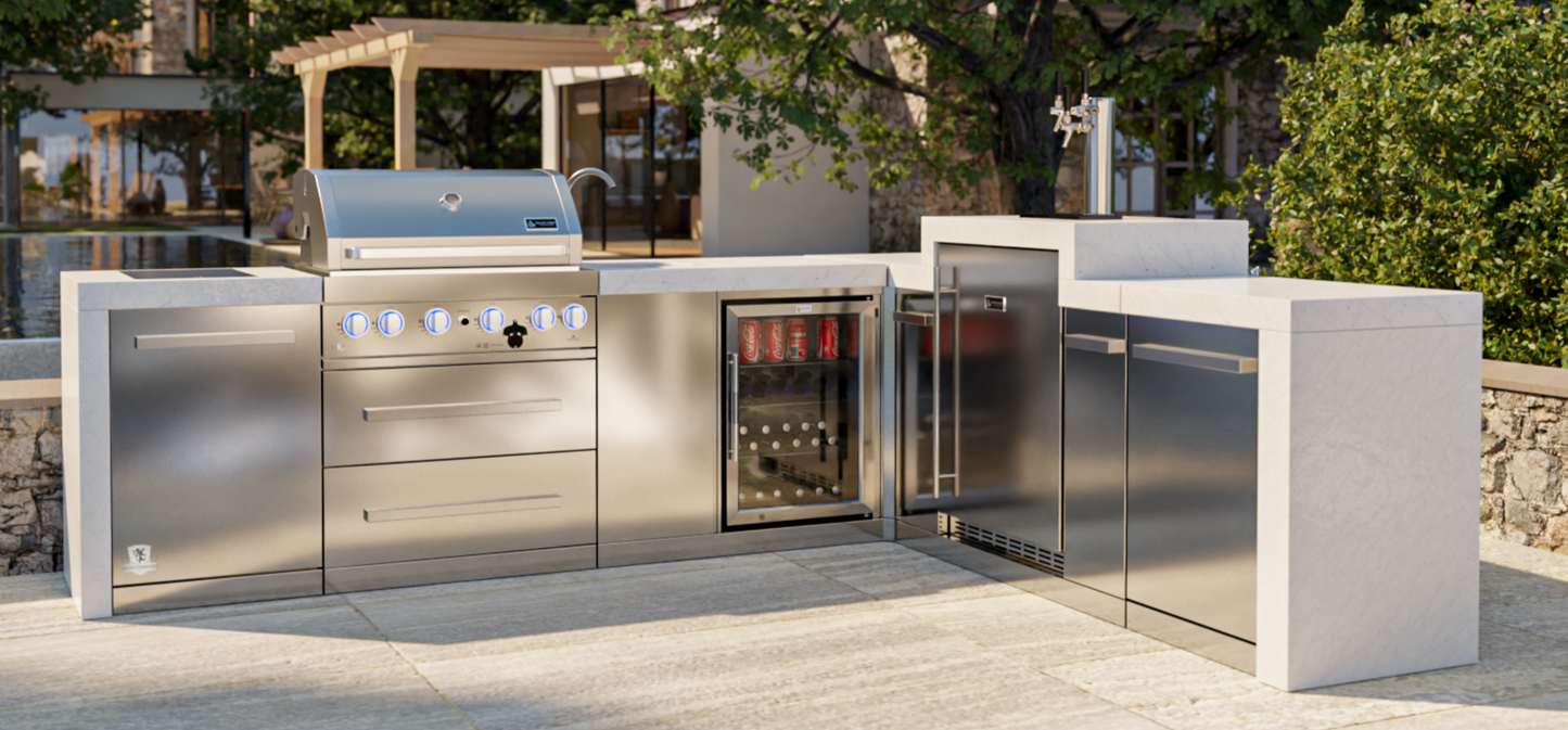 Mont Alpi 400 Deluxe BBQ Grill Island with 90 Degree Corner, Kegerator & Beverage Center - MAI400-D90KEGBEV