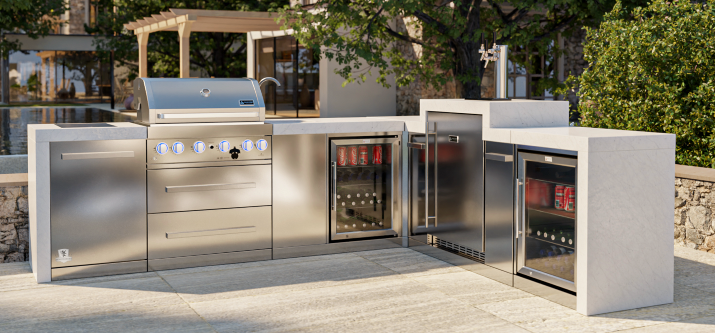 Mont Alpi 400 Deluxe BBQ Grill Island with 90 Degree Corner, Kegerator, Beverage Center & Fridge Cabinet - MAi400-D90KEGBEVFC