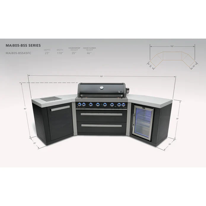 Mont Alpi 805 Black 6-burner Island with 45-Degree Corners and Fridge Cabinet MAi805-BSS45FC - 110"