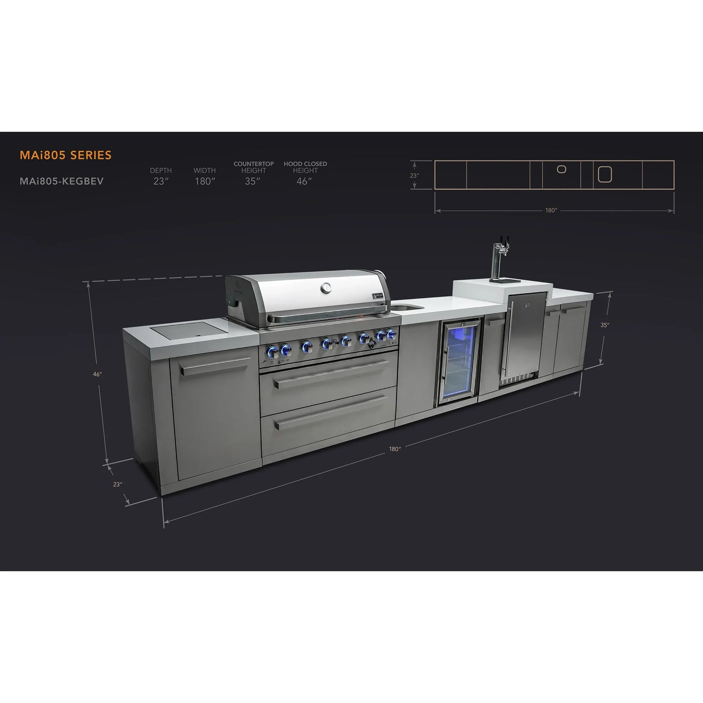 Mont Alpi 805 BBQ Grill Island with Kegerator & Beverage Center - MAi805-KEGBEV - 180''
