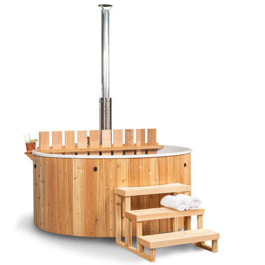 The Evolution Cedar Tub 5' -Knotty Red Cedar plus wood-burning heater