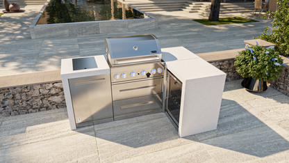 Mont Alpi 4-burner Deluxe Island with a 90-degree corner and a fridge cabinet MAi400-D90FC