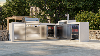 Mont Alpi 400 Deluxe BBQ Grill Island with 90 Degree Corner, Kegerator, Beverage Center & Fridge Cabinet - MAi400-D90KEGBEVFC