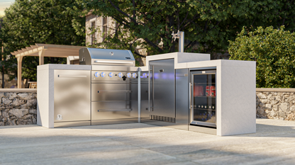 Mont Alpi 400 Deluxe BBQ Grill Island with 90 Degree Corner, Kegerator & Fridge Cabinet - MAi400-D90KEGFC