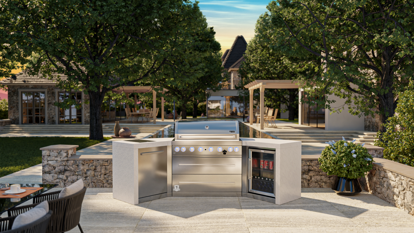 Mont Alpi 6-burner Deluxe Island with 45-Degree Corners and a Fridge Cabinet MAi805-D45FC 110''