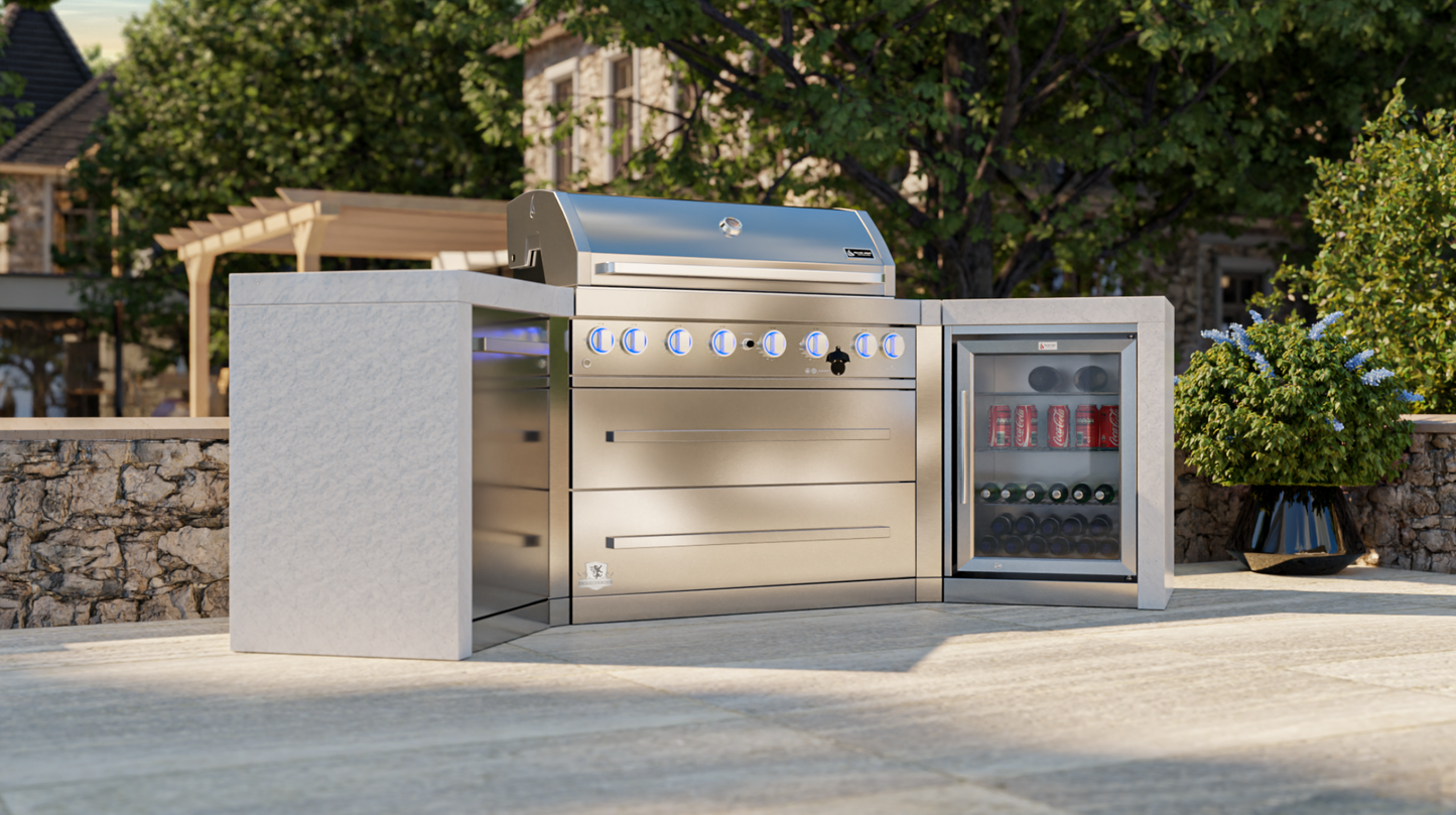 Mont Alpi 6-burner Deluxe Island with 45-Degree Corners and a Fridge Cabinet MAi805-D45FC 110''