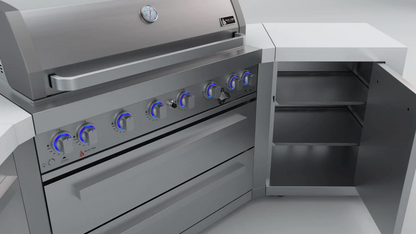Mont Alpi 6-burner Deluxe Island with 45-Degree Corners and a Fridge Cabinet MAi805-D45FC 110''