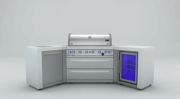 Mont Alpi 6-burner Deluxe Island with 45-Degree Corners and a Fridge Cabinet MAi805-D45FC 110''